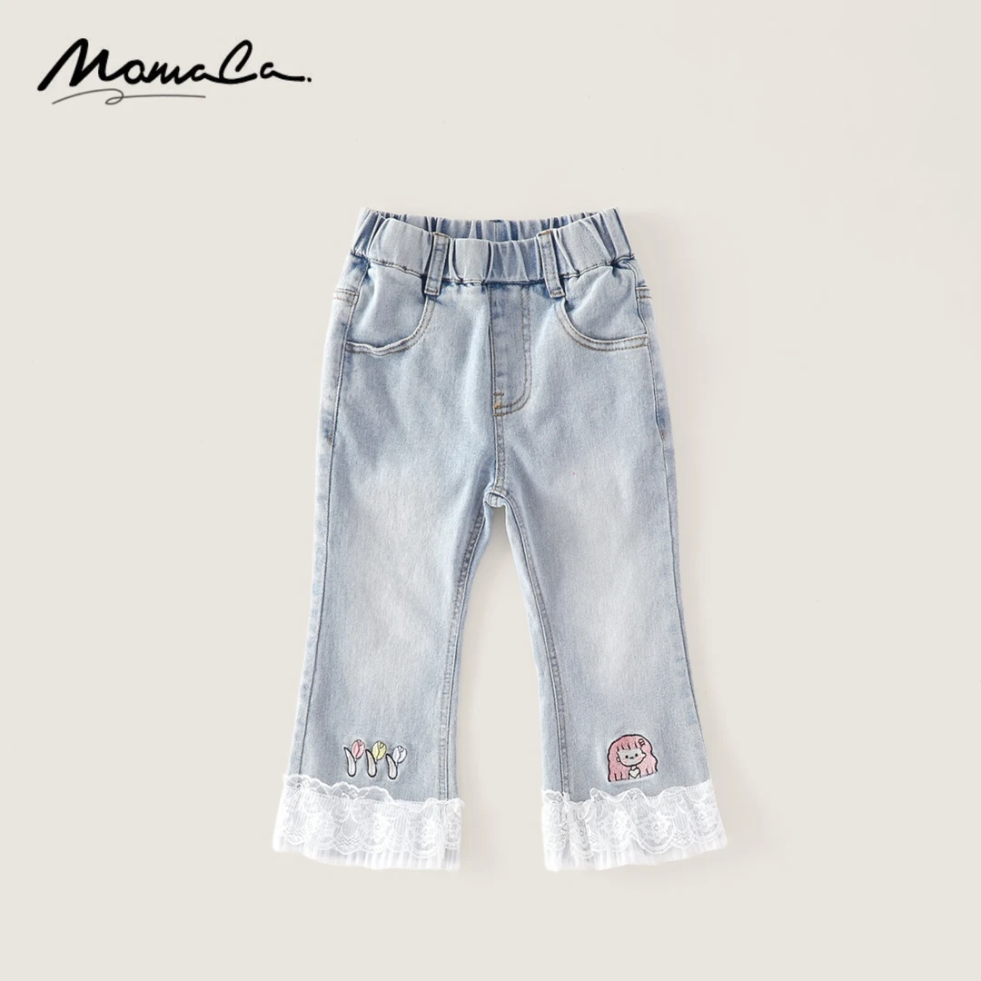 MOMOCO春季欧若风新款女童甜美绣花时尚花边牛仔裤77530350012