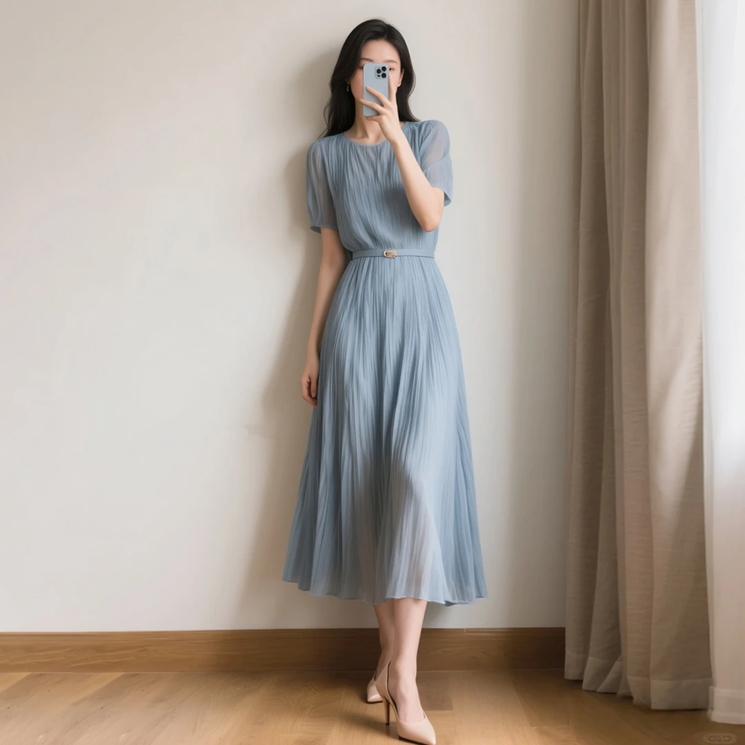 2025夏季新款女装时尚穿搭浅蓝色超仙连衣裙气质显瘦收腰法式优雅