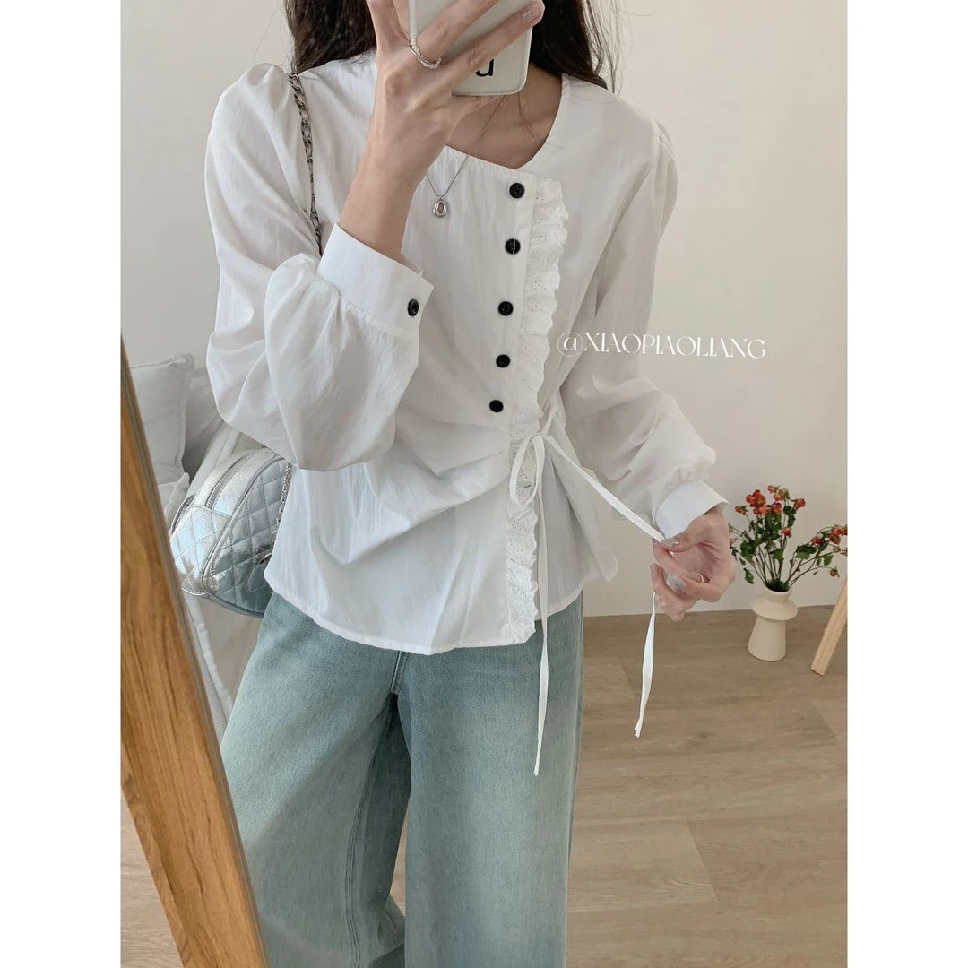 韩版新款不规则木耳边设计感衬衣别致百搭纯色上衣1658#0.12 y