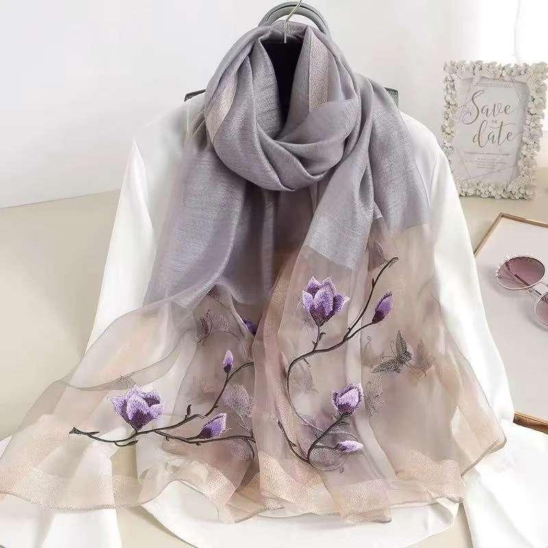 【玉兰花灰】N264高档丝巾披肩外搭多用围巾185*70