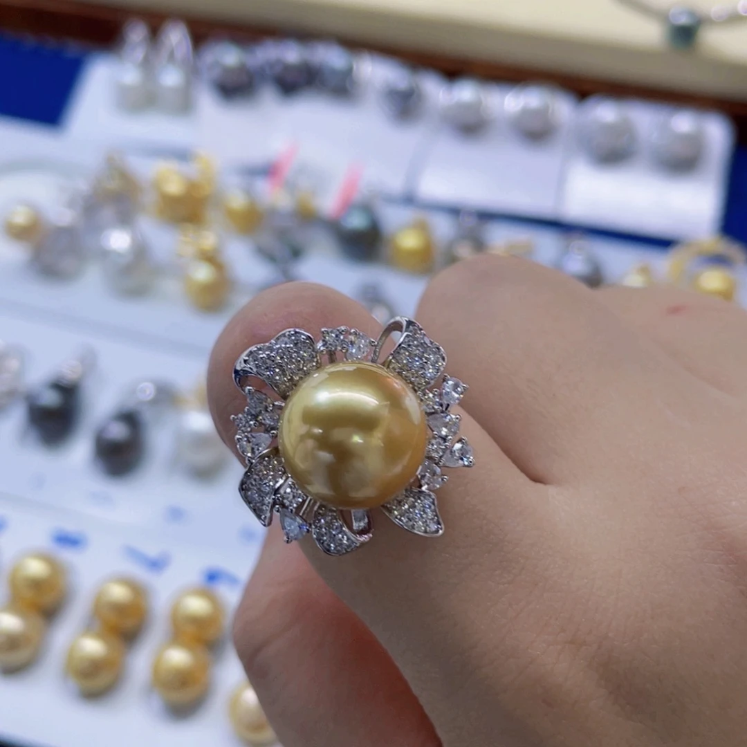 戒圈银S925镶嵌海水珍珠金珠花朵吊坠12.6mm