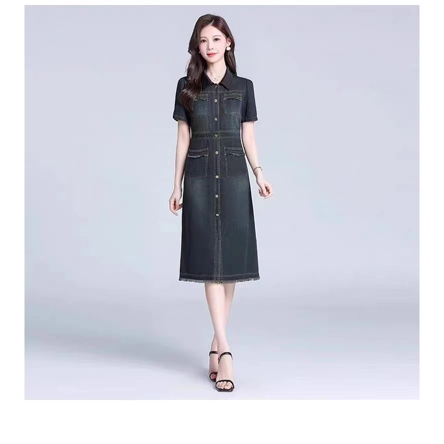 气质翻领牛仔连衣裙ZBL33008衣长108（卡码往小拍）