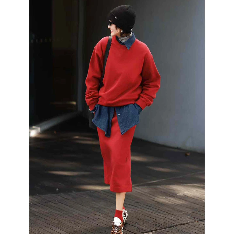 新年红色卫衣运动套装裙女秋冬休闲时尚卫裙今年流行的两件套