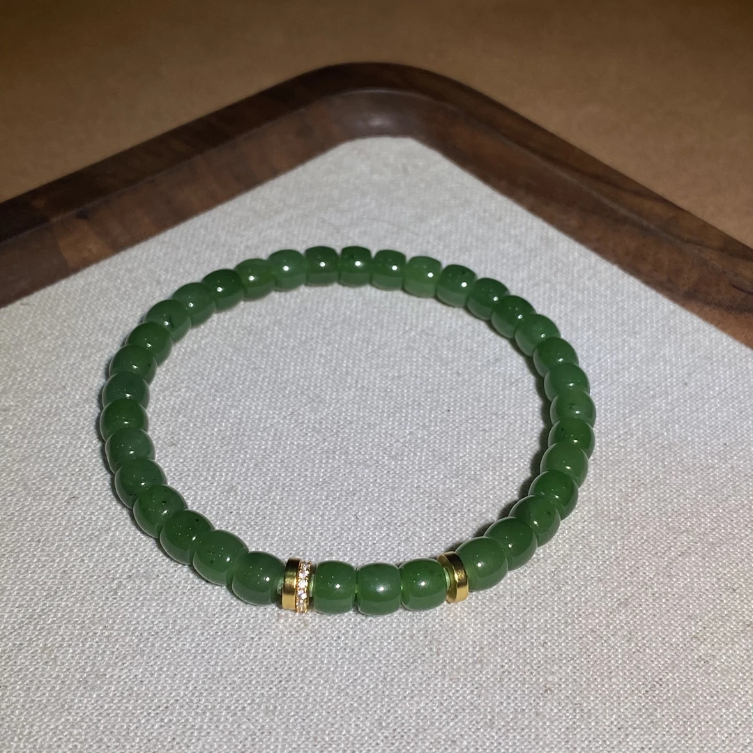 【玉道侠侣】和田玉碧玉设计款老型直切手串5*6（S925银镀金）单圈