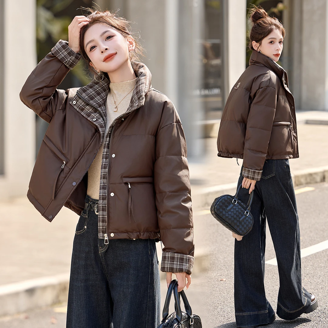 2025新款拼色格子皮衣冬季爆款白鸭绒超好看短款羽绒服上衣外套