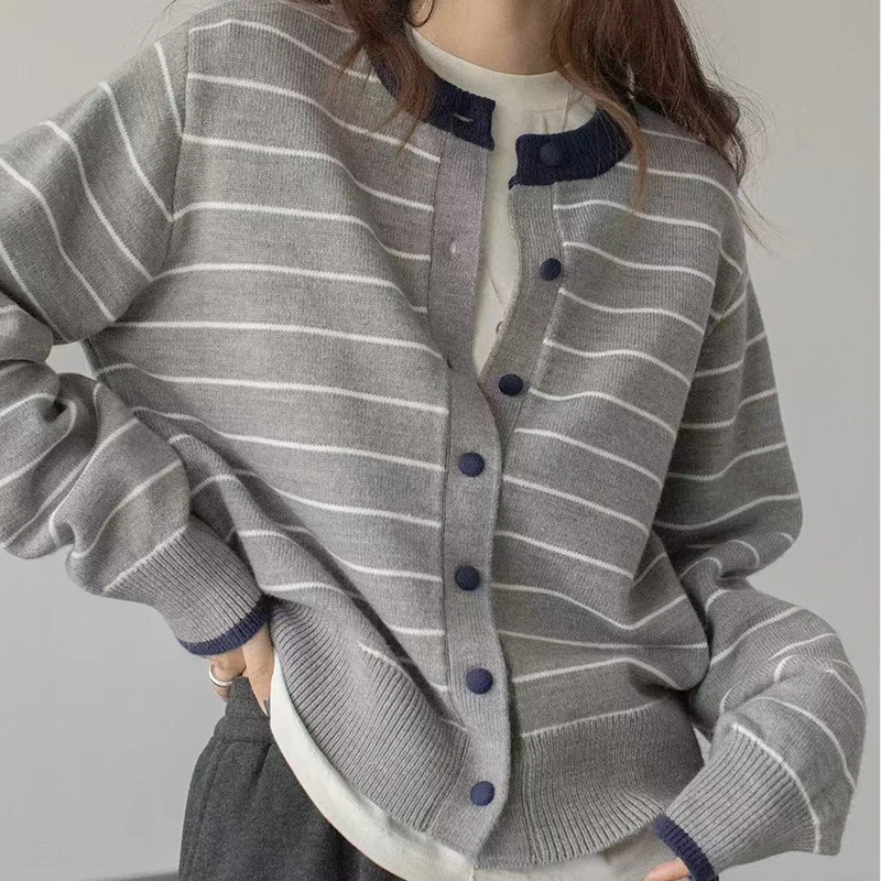韩系撞色条纹毛衣女秋冬慵懒上衣针织开衫休闲显瘦外套6012