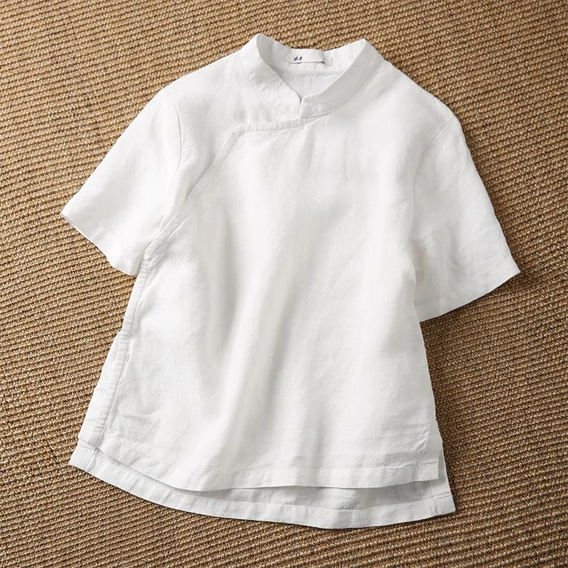 中国风亚麻改良短款旗袍上衣女士夏季新款宽松短袖纯色茶艺服小衫