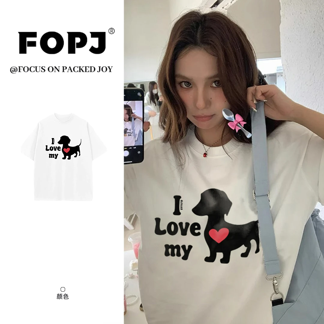 FOPJ夏季美式复古趣味印花学院风短袖t恤女百搭宽松圆领半袖上衣