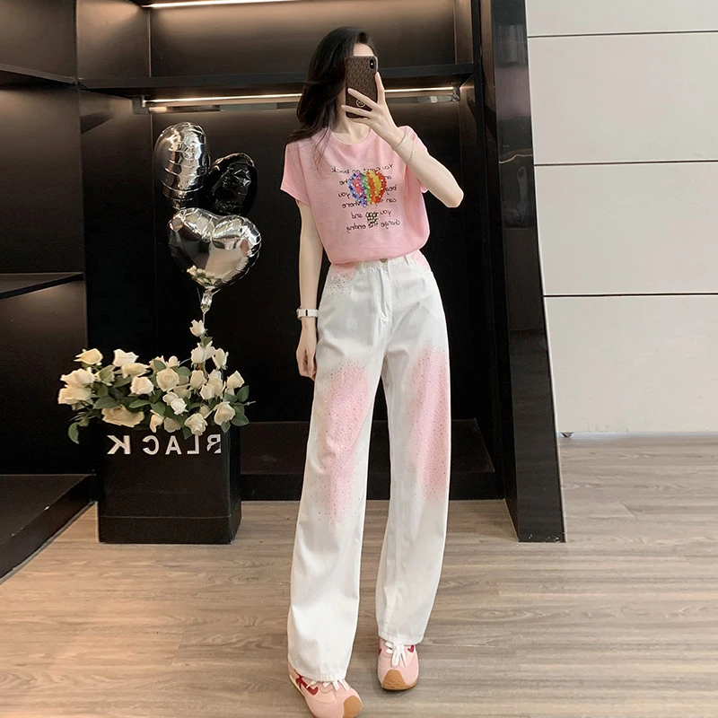 女装夏装套装2025新款爆款多巴胺薄款减龄短袖针织上衣阔腿牛仔裤