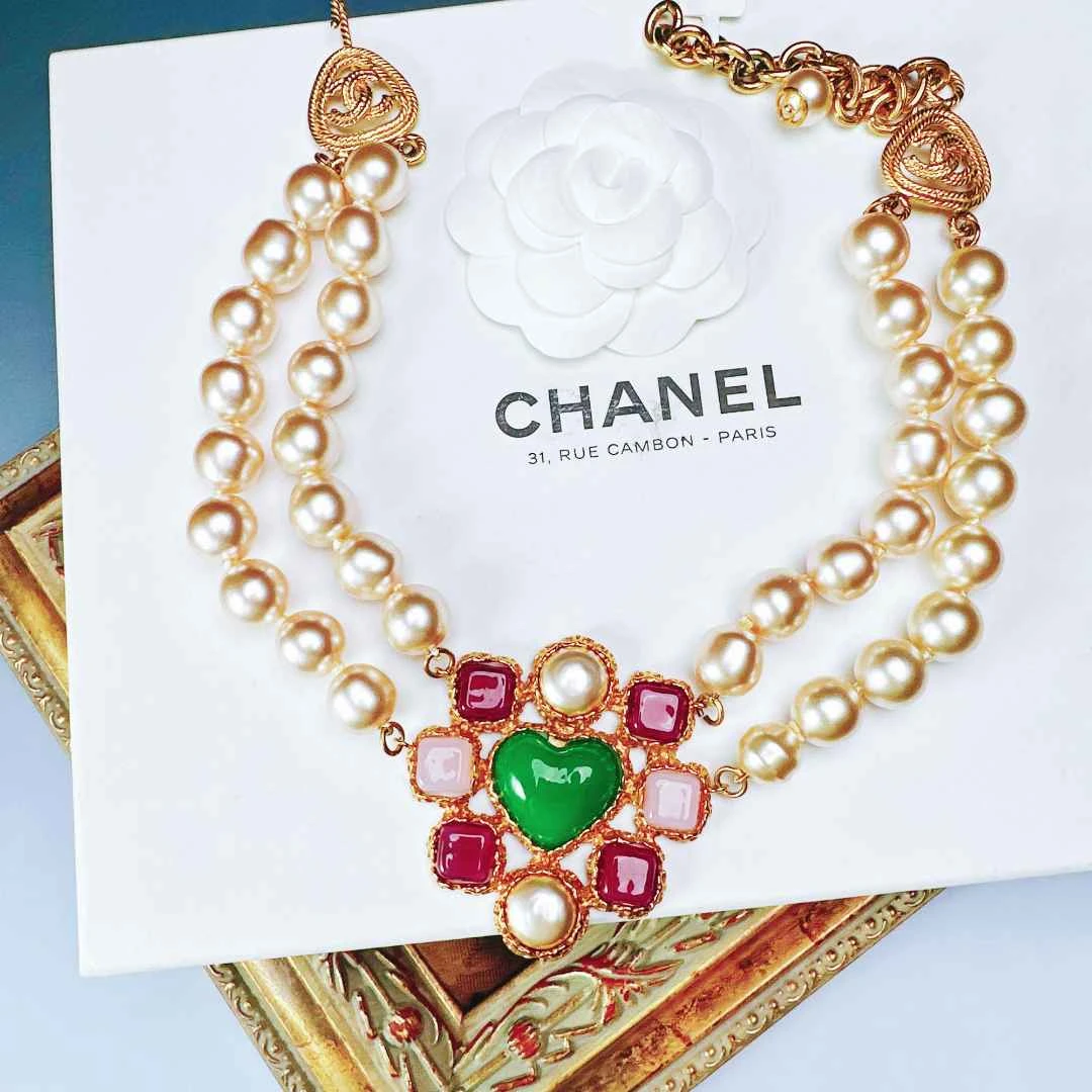 95新 Chanel/香奈儿 柚礼中古/香奈儿彩釉桃心珍珠项链NH512014