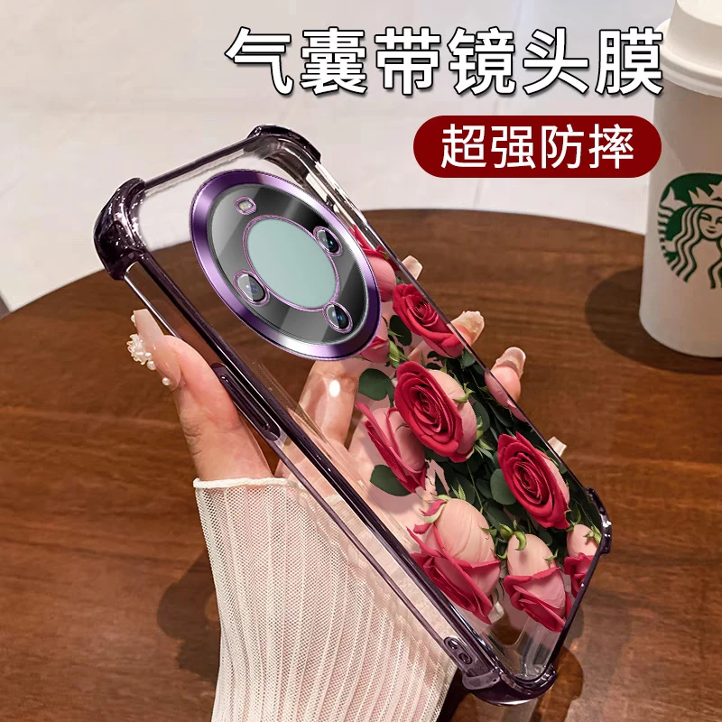 适用华为畅享70X活力版手机壳女款透明防摔硅胶自带镜头膜玫瑰花