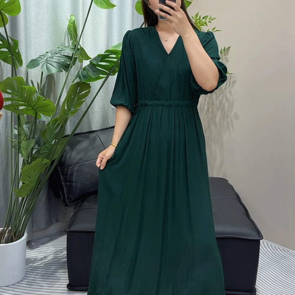 夏季棉绸五分袖V领口袋长裙女大码中袖加长气质连衣裙人造棉
