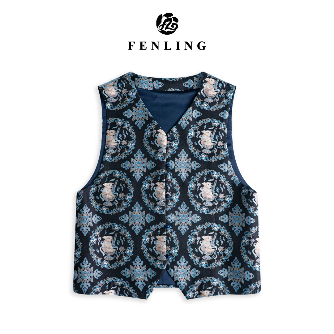 芬领-敦煌弦乐·生肖亥猪笙纹-非遗桑蚕丝蜀锦幻彩提花V领马甲