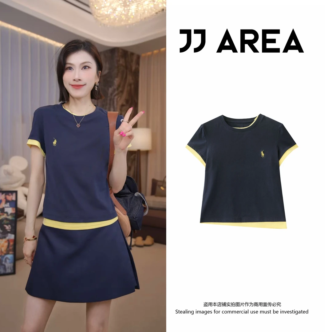 【JJ AREA】娇娇“瑞纳冰”设计感拼色假两件短袖T恤修身正肩圆领上衣