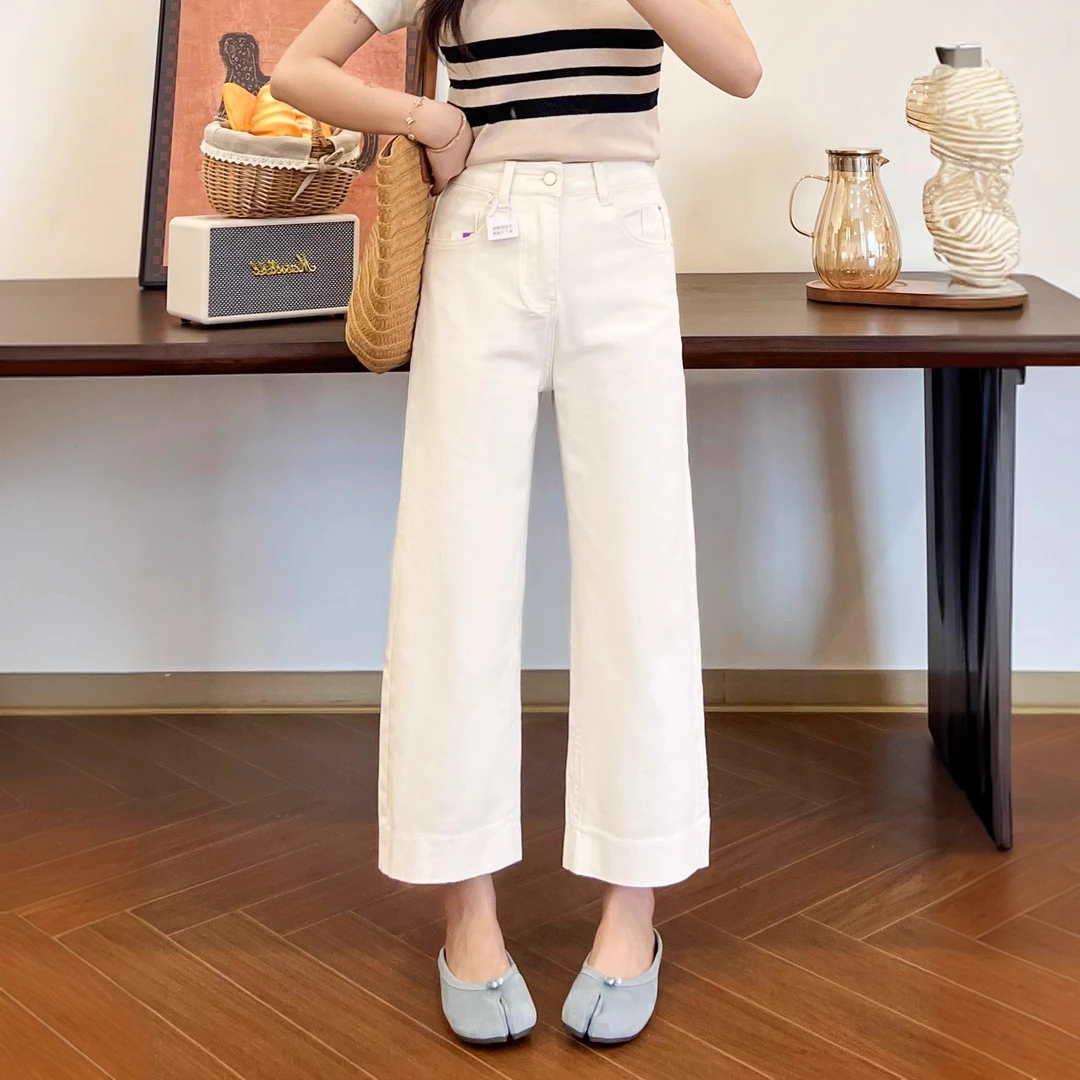 米白色窄版阔腿牛仔裤女2025新款胖mm宽松显瘦不挑身材九分直筒裤