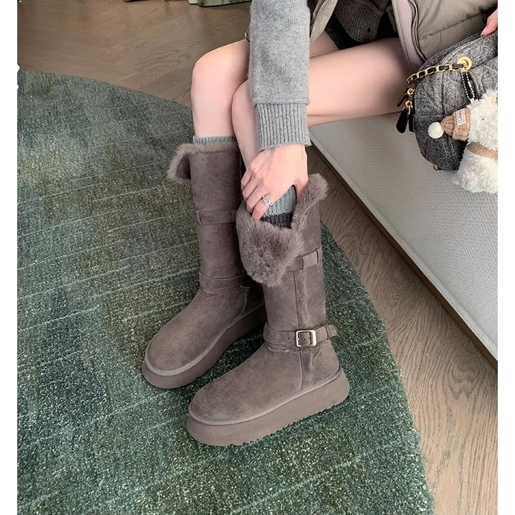 中长筒雪地靴女2025冬季新款毛毛交融加厚保暖东北抗寒加绒棉鞋