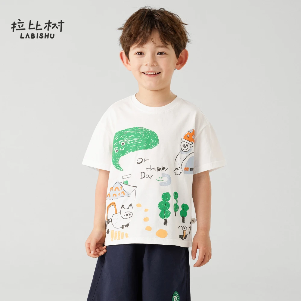拉比树2025夏季男童纯棉透气百搭休闲T恤印花宝宝百搭短袖舒适