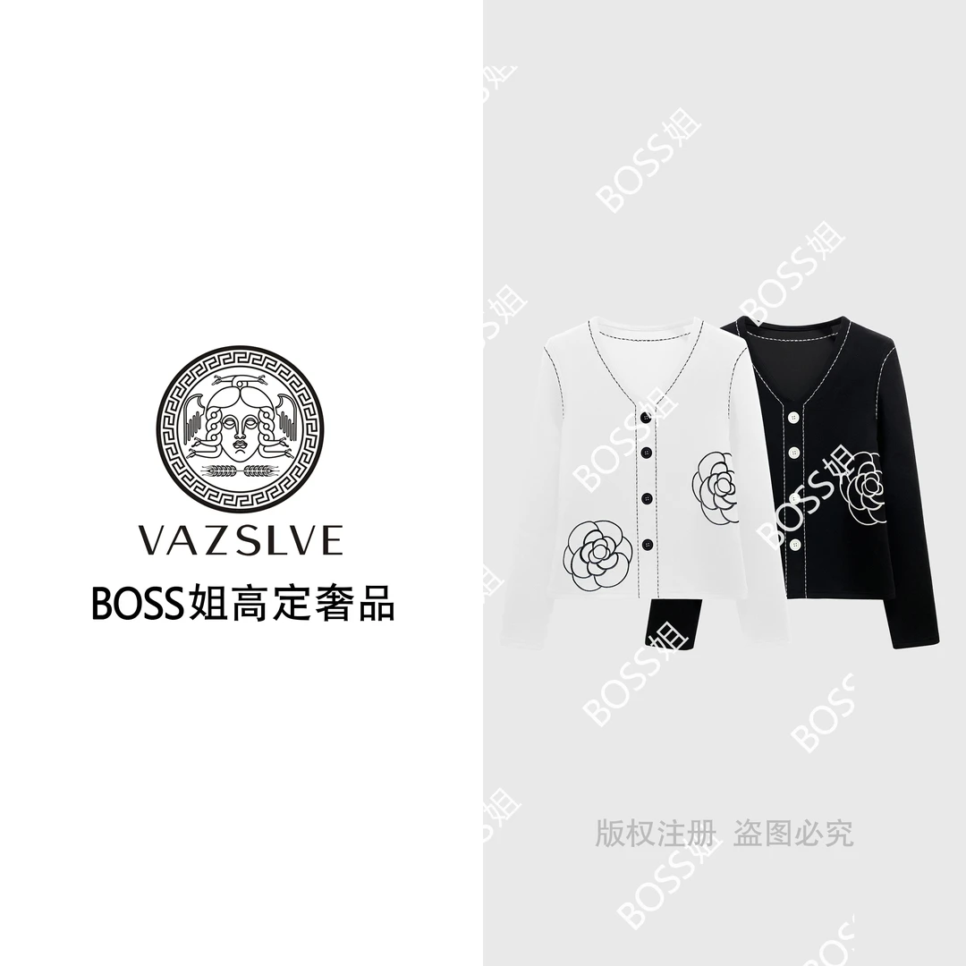 【VAZSLVE/全新奢品】捡漏V领明线山茶花T恤2025秋冬潮流上衣#68218