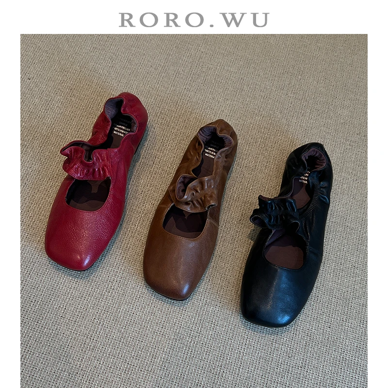 娆娆吴·头层羊皮秀气花边一字带浅口减龄文艺百搭气质单鞋D972