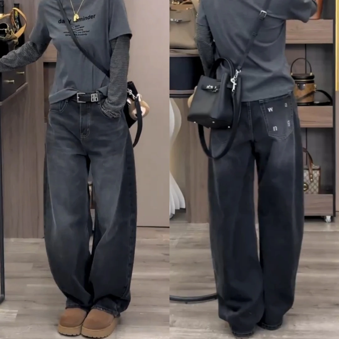 黑灰色复古做旧牛仔裤女2025年冬季新款加绒显瘦窄版阔腿裤