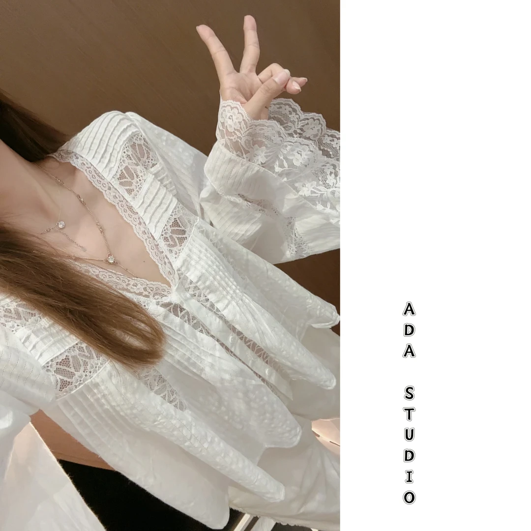 Ada定制【少女心爆棚】夏季新品荷叶边蕾丝衬衫简约喇叭袖上衣