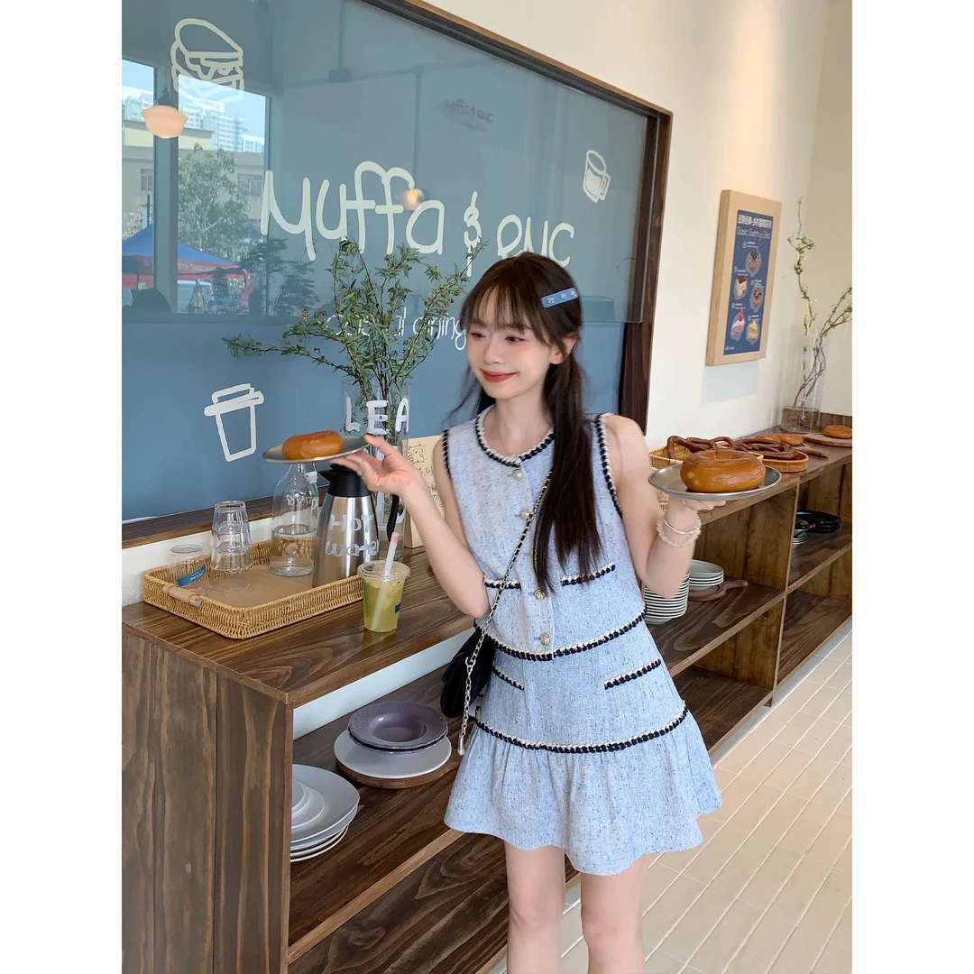 【GUSHIVJI】蓝莓可可 2025夏季高级感时尚小香风显瘦无袖上衣短裙