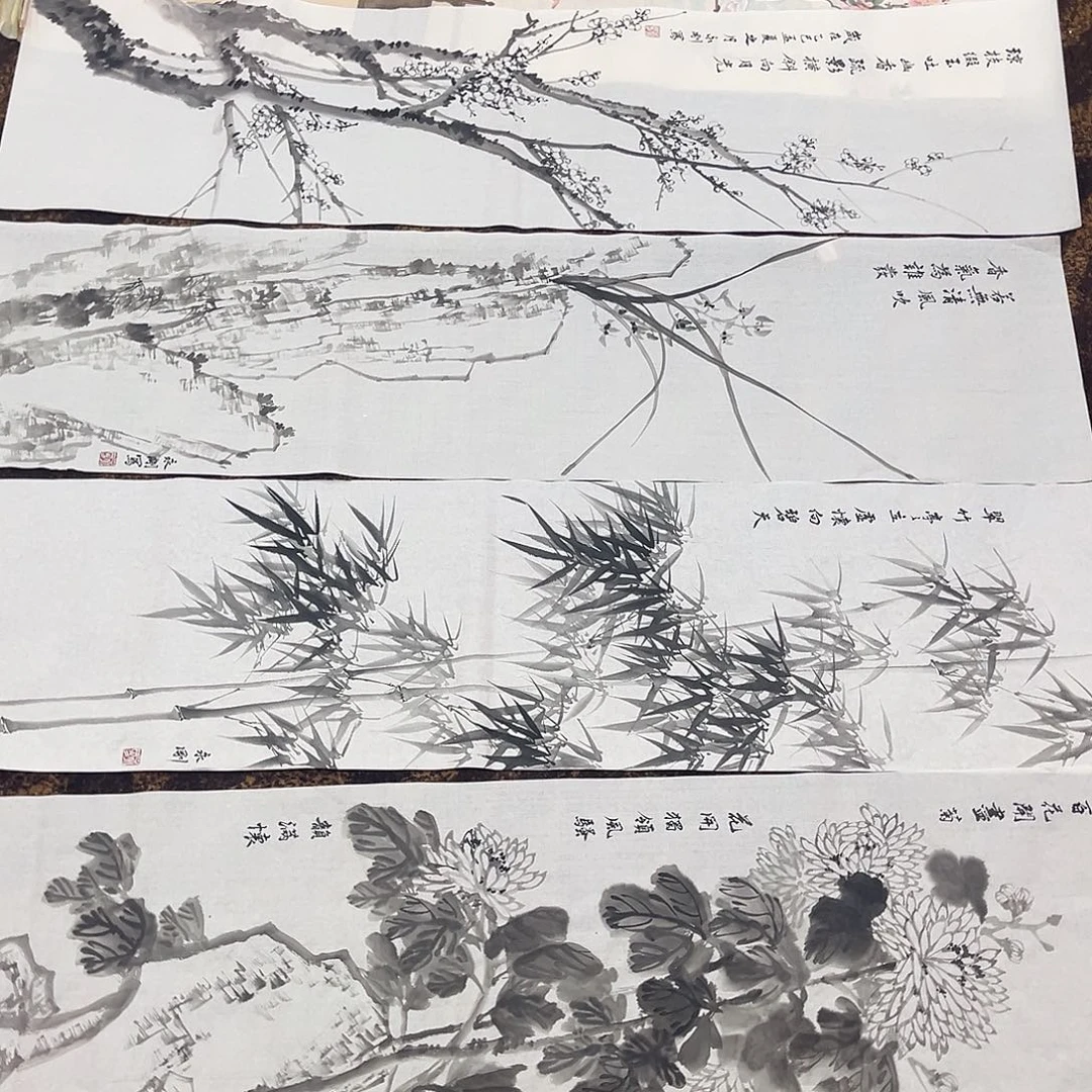 国画四尺对开四条屏一套