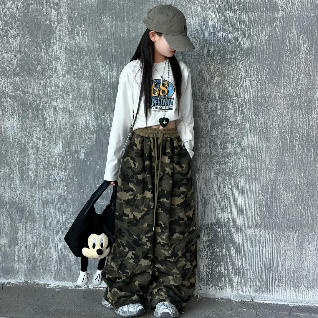 女童套装春秋款2025新款儿童迷彩裤两件套洋气时髦休闲中大童潮酷