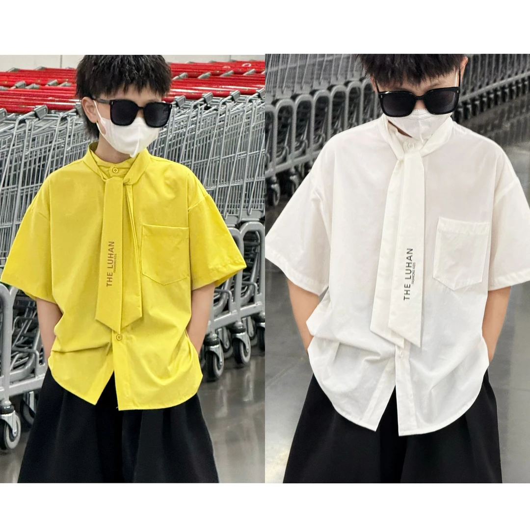 现货THE LUHAN【纯色谧境】夏季纯色小众亲子装中大童领带衬衫25242
