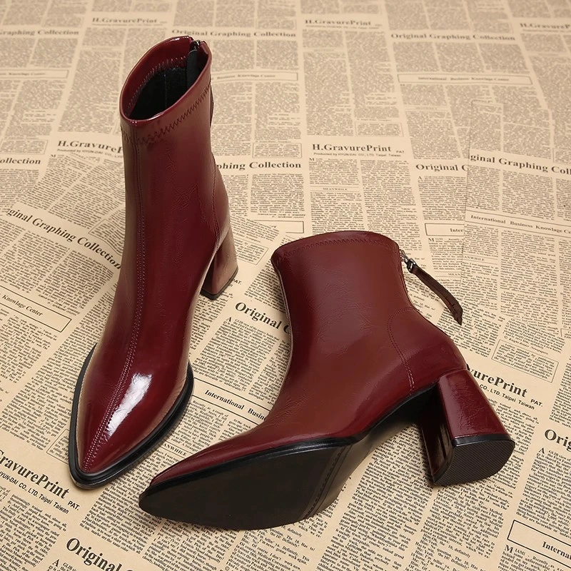 真皮超模轻奢尖头高跟鞋女法式小踝靴2小个子法式复古瘦瘦