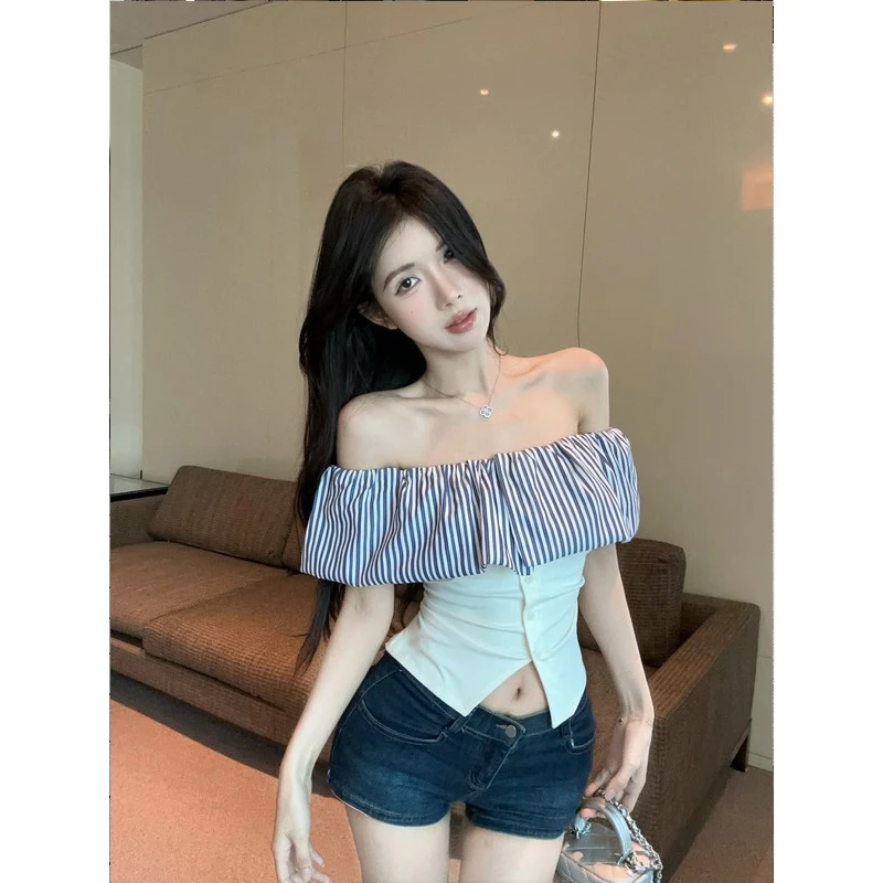 甜辣时尚减龄条纹一字肩荷叶摆褶皱短袖短款T恤修身上衣牛仔短裤