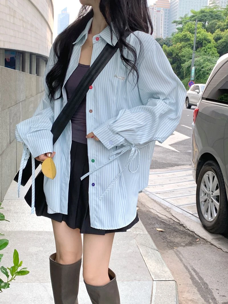 【绑带长袖衬衫套装】 条纹长袖衬衫女夏宽松上衣小众绑带开衫衬衣