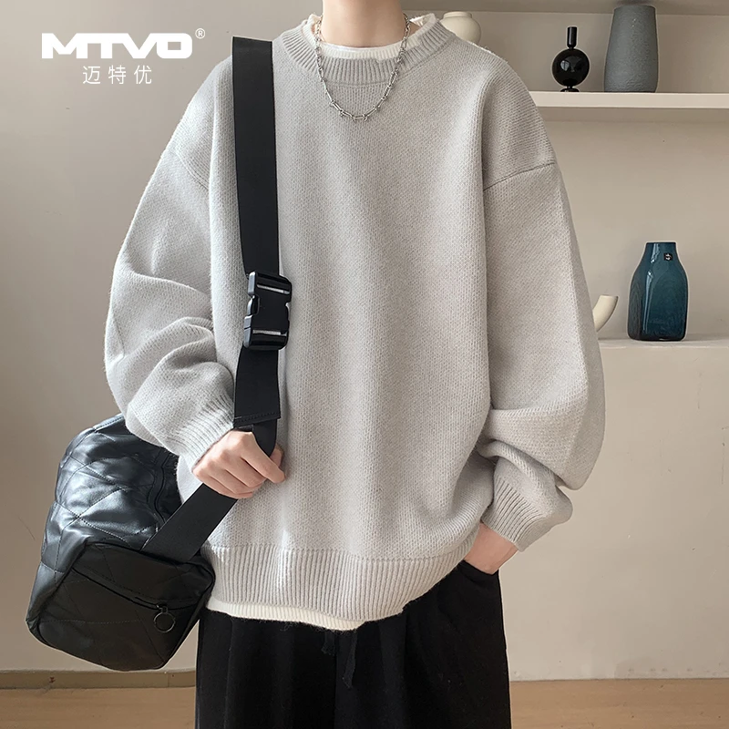 【断码清货】圆领假两件毛衣男学生青少年学院休闲纯色秋冬季情侣