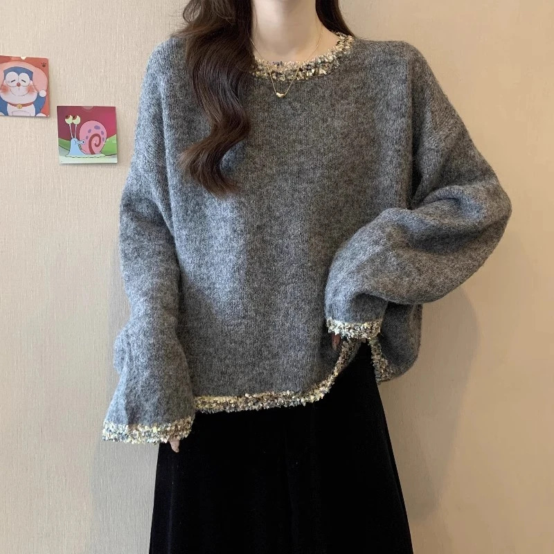 大码胖MM亮丝奶呼呼软糯毛衣女秋季法式高级感宽松打底针织衫上衣