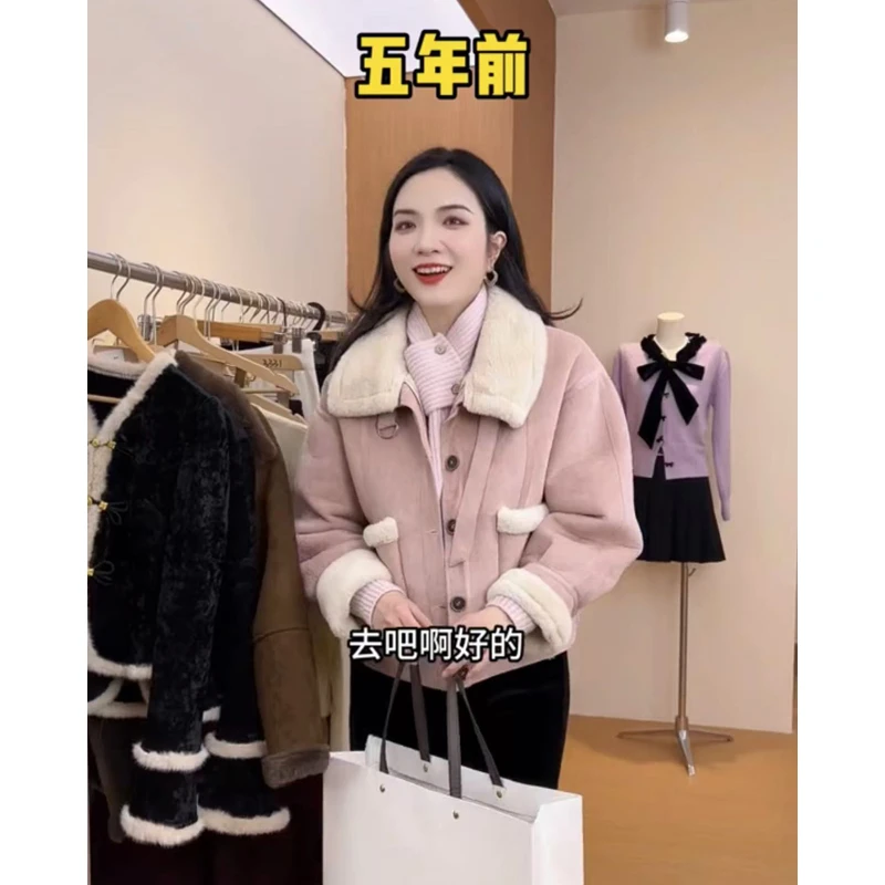 2024新款韩系小清新加绒加厚秋冬设计感立领保暖宽松百搭毛毛外套