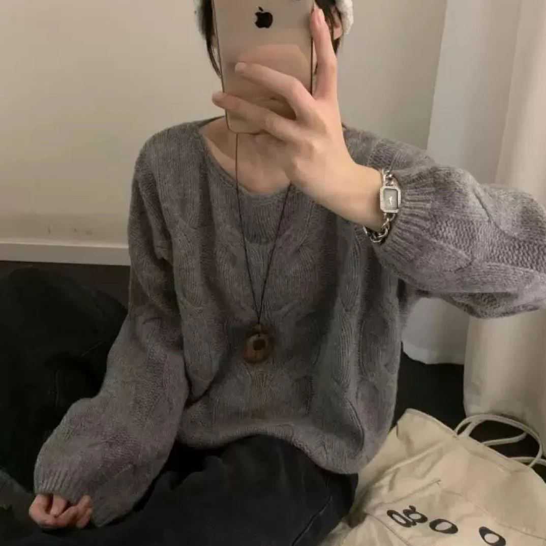 法式慵懒风软糯大花麻针织衫毛衣女2025秋季洋气宽松百搭长袖上衣