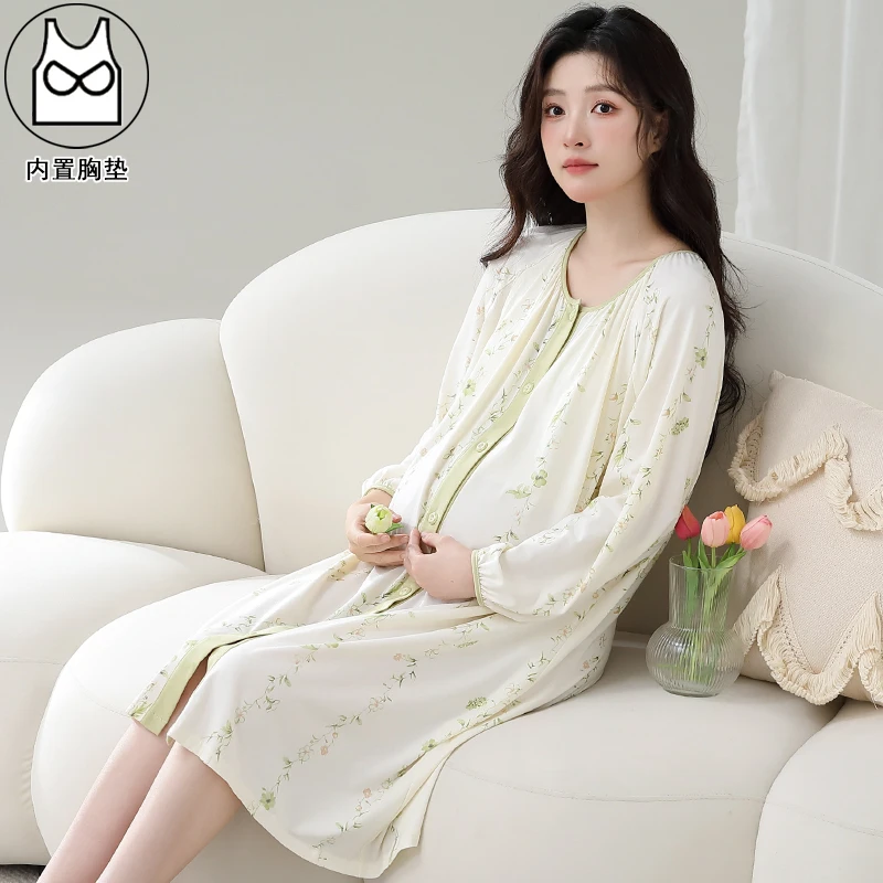 带胸垫哺乳睡裙长袖春秋孕妇睡衣夏季薄款产妇待产裙月子服家居裙