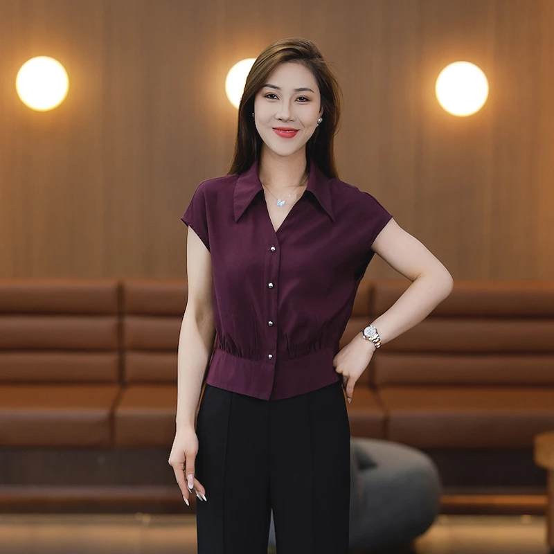 INS风夏季短袖夏季纯色衬衫显瘦夏装修身百搭衬衣女士气质洋气