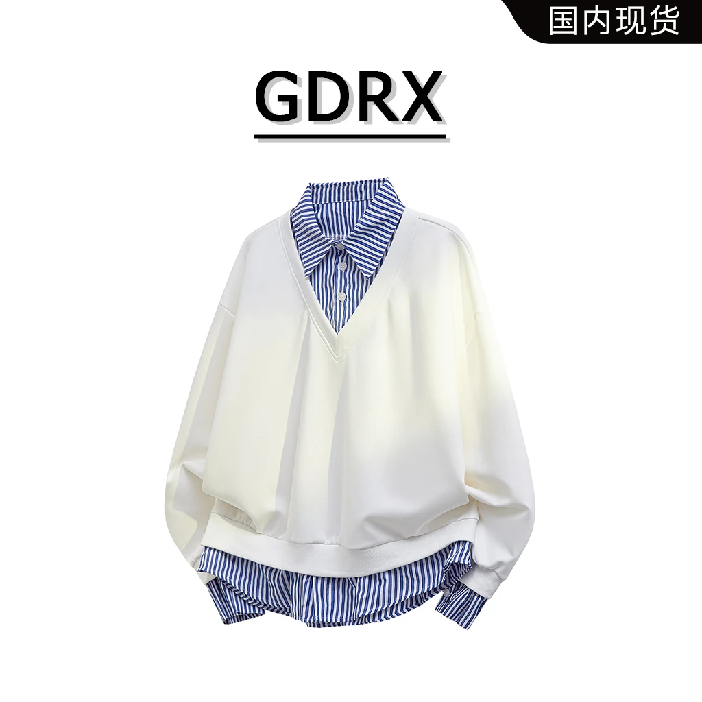 GDRX假两件条纹衬衫领拼接卫衣2025秋季新款男时尚POLO领长袖上衣