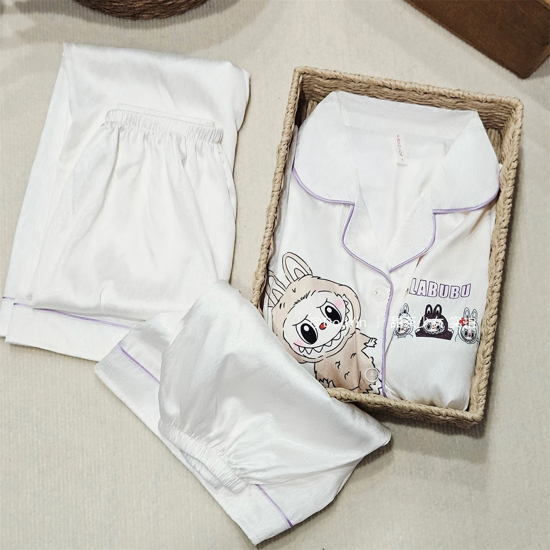 labubu拉布布睡衣女士夏短袖带胸垫冰雪丝缎面卡通家居服三件套