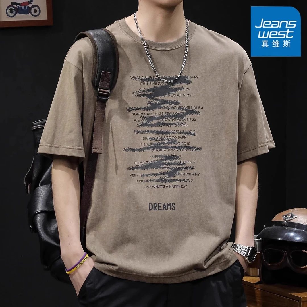 Jeanswest/真维斯2025春夏潮流新款百搭印花休闲T恤男士短袖男款
