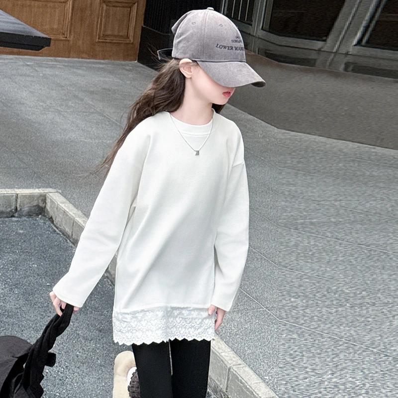 高品质女童纯棉打底衫白色蕾丝长T裙长袖时尚春秋韩版春季保暖潮