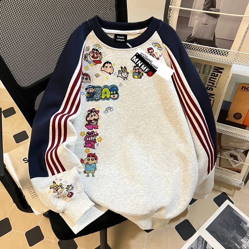 女童插肩三条杠卫衣春秋季2025新款卡通蜡笔小新中大童套头上衣潮