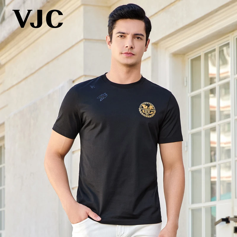VJC/威杰思2025春夏新品男装时尚圆领休闲针织T恤衫烫钻B24BA1526