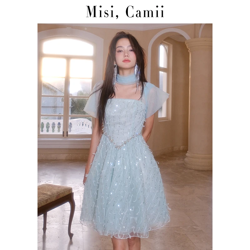 Misi,Camii钻饰飘带方领礼服裙轻奢宴会名媛优雅短裙仙气高腰气质