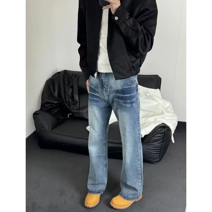 cleanfit蓝色闪电纹牛仔裤男款美式高街vibe裤子水洗直筒裤