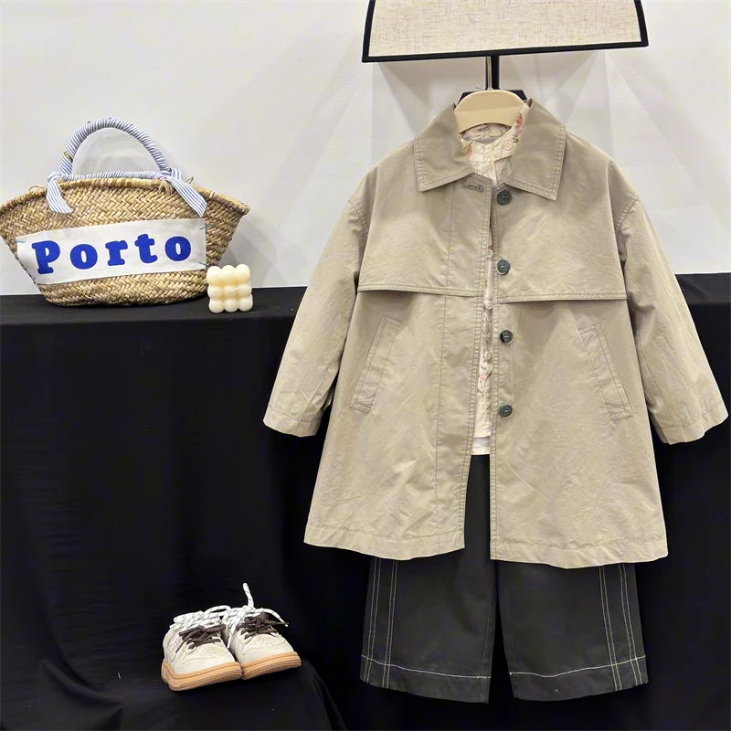 现货【文艺清冷】童装女童风衣秋季新款中大童时尚翻领中长款外套