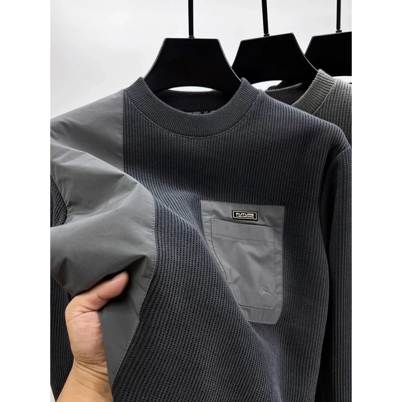 加肥大码300斤复古口袋套头卫衣男士秋冬潮牌贴布长袖t恤加绒上衣