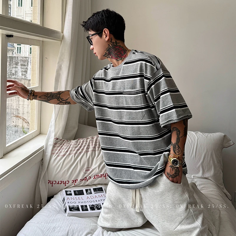 OXFREAK 「定染间色 紧密双纱」300G重磅条纹短袖t恤男宽松五分袖