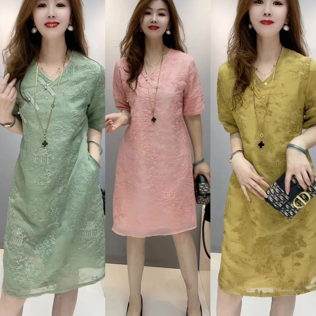中长款时尚夏季复古洋气国风宽松提花连衣裙